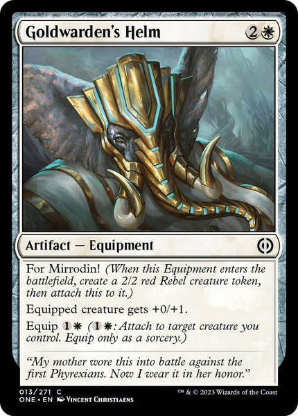 Goldwarden's Helm trading card from Phyrexia: All Will Be One Goldwarden's Helm - Phyrexia: All Will Be One Magic: The Gathering trading card