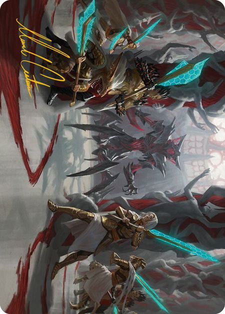 Goldwardens' Gambit Art Card (Gold-Stamped Signature) trading card from Art Series: Phyrexia: All Will Be One Goldwardens' Gambit Art Card (Gold-Stamped Signature) - Art Series: Phyrexia: All Will Be One Magic: The Gathering trading card