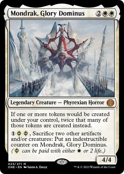 Mondrak, Glory Dominus trading card from Promo Pack: Phyrexia: All Will Be One Mondrak, Glory Dominus - Promo Pack: Phyrexia: All Will Be One Magic: The Gathering trading card