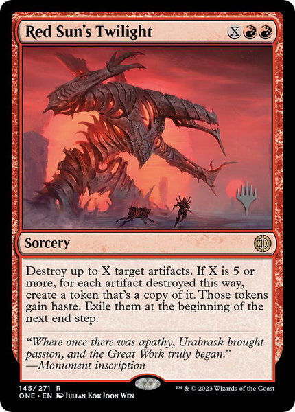 Red Sun's Twilight trading card from Promo Pack: Phyrexia: All Will Be One Red Sun's Twilight - Promo Pack: Phyrexia: All Will Be One Magic: The Gathering trading card