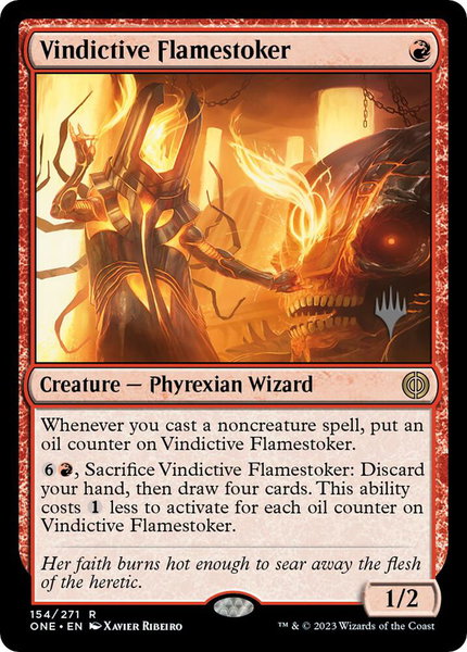 Vindictive Flamestoker trading card from Promo Pack: Phyrexia: All Will Be One Vindictive Flamestoker - Promo Pack: Phyrexia: All Will Be One Magic: The Gathering trading card