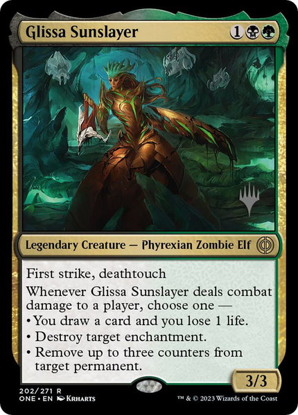 Glissa Sunslayer trading card from Promo Pack: Phyrexia: All Will Be One Glissa Sunslayer - Promo Pack: Phyrexia: All Will Be One Magic: The Gathering trading card