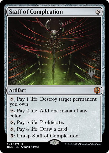 Staff of Compleation trading card from Promo Pack: Phyrexia: All Will Be One Staff of Compleation - Promo Pack: Phyrexia: All Will Be One Magic: The Gathering trading card