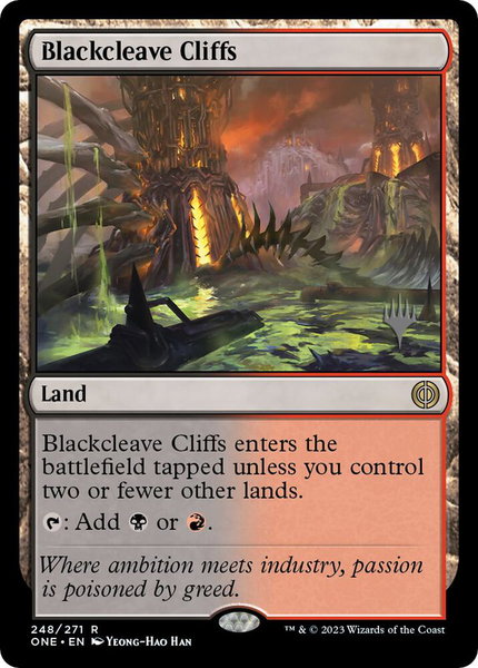 Blackcleave Cliffs trading card from Promo Pack: Phyrexia: All Will Be One Blackcleave Cliffs - Promo Pack: Phyrexia: All Will Be One Magic: The Gathering trading card