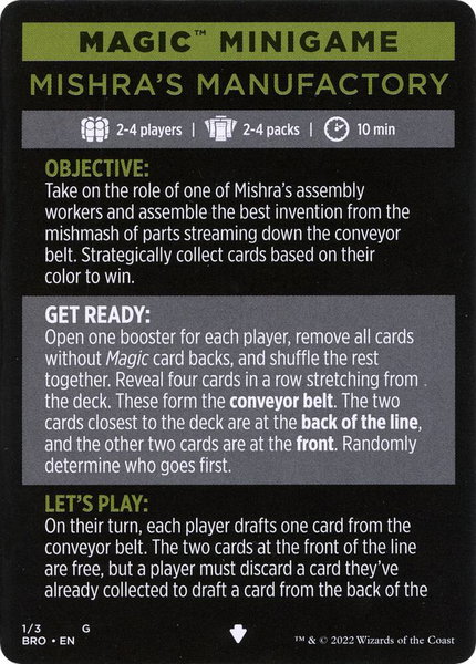Magic Minigame: Mishra's Manufactory trading card from The Brothers' War Magic Minigame: Mishra's Manufactory - The Brothers' War Magic: The Gathering trading card