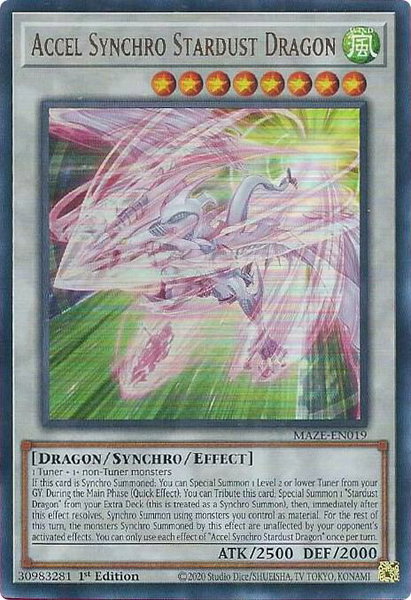 Accel Synchro Stardust Dragon trading card from Maze of Memories Accel Synchro Stardust Dragon - Maze of Memories YuGiOh trading card