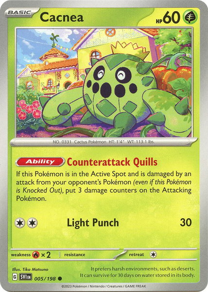 Cacnea - 005/198 trading card from SV01: Scarlet & Violet Base Set Cacnea - 005/198 - SV01: Scarlet & Violet Base Set Pokémon trading card