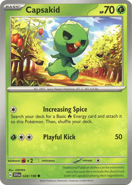 Capsakid - 028/198 trading card from SV01: Scarlet & Violet Base Set Capsakid - 028/198 - SV01: Scarlet & Violet Base Set Pokémon trading card