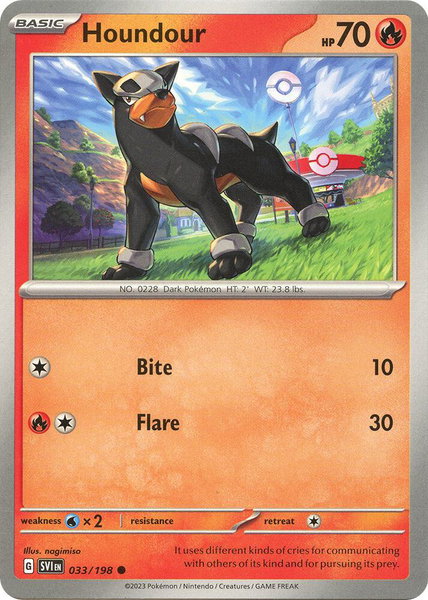 Houndour - 033/198 trading card from SV01: Scarlet & Violet Base Set Houndour - 033/198 - SV01: Scarlet & Violet Base Set Pokémon trading card