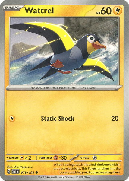 Wattrel - 078/198 trading card from SV01: Scarlet & Violet Base Set Wattrel - 078/198 - SV01: Scarlet & Violet Base Set Pokémon trading card