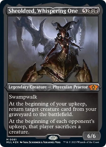 Sheoldred, Whispering One (Foil Etched) - March of the Machine: Multiverse Legends Magic: The Gathering trading card