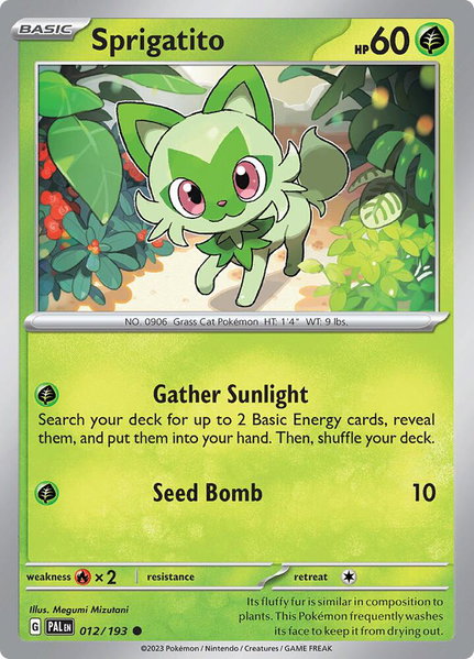 Sprigatito - 012/193 trading card from SV02: Paldea Evolved Sprigatito - 012/193 - SV02: Paldea Evolved Pokémon trading card