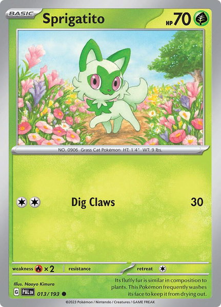 Sprigatito - 013/193 trading card from SV02: Paldea Evolved Sprigatito - 013/193 - SV02: Paldea Evolved Pokémon trading card