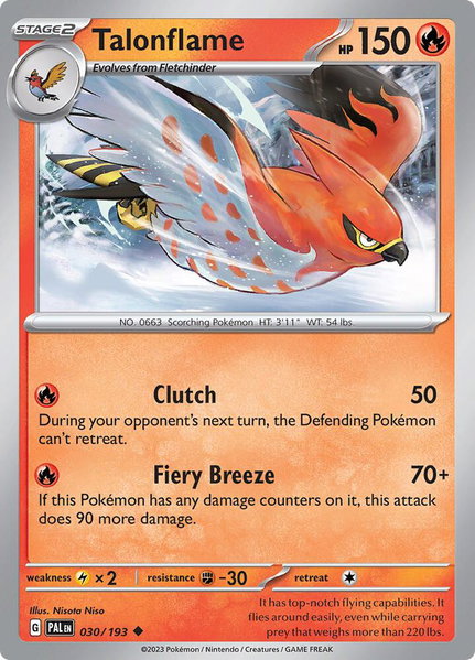 Talonflame trading card from SV02: Paldea Evolved Talonflame - SV02: Paldea Evolved Pokémon trading card