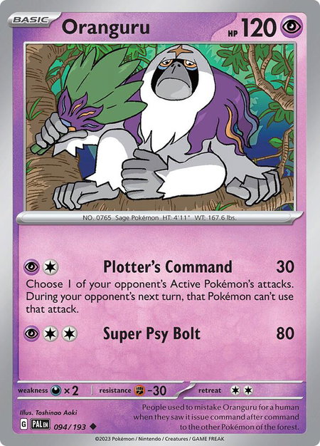 Oranguru trading card from SV02: Paldea Evolved Oranguru - SV02: Paldea Evolved Pokémon trading card