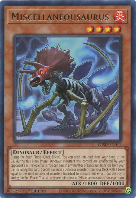 Miscellaneousaurus trading card from Wild Survivors Miscellaneousaurus - Wild Survivors YuGiOh trading card