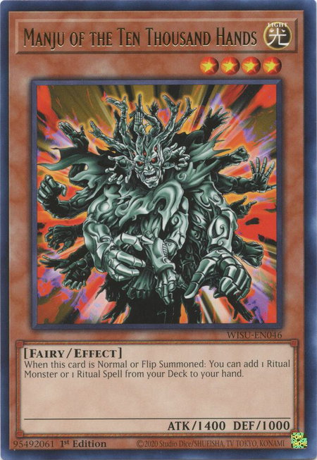 Manju of the Ten Thousand Hands trading card from Wild Survivors Manju of the Ten Thousand Hands - Wild Survivors YuGiOh trading card