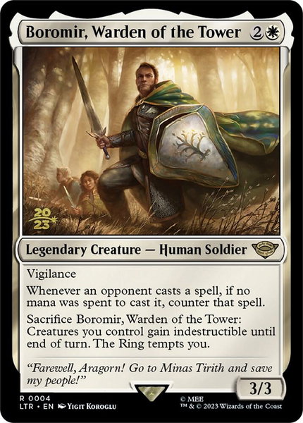 Boromir, Warden of the Tower trading card from Prerelease Cards Boromir, Warden of the Tower - Prerelease Cards Magic: The Gathering trading card