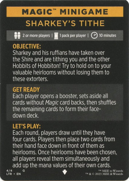 Magic Minigame: Sharkey's Tithe trading card from Universes Beyond: The Lord of the Rings: Tales of Middle-earth Magic Minigame: Sharkey's Tithe - Universes Beyond: The Lord of the Rings: Tales of Middle-earth Magic: The Gathering trading card