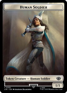 Human Soldier (0001) // Food (0009) Double-Sided Token - Universes Beyond: The Lord of the Rings: Tales of Middle-earth (LTR) #1 // 9 - Token Magic: The Gathering Trading Card