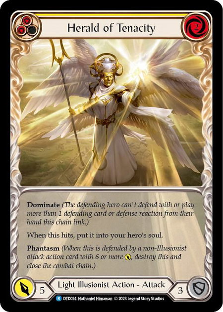 Herald of Tenacity (Yellow) trading card from Dusk till Dawn Herald of Tenacity (Yellow) - Dusk till Dawn Flesh and Blood trading card
