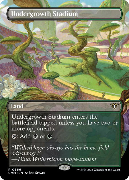Undergrowth Stadium (Borderless) - Commander Masters Magic: The Gathering trading card