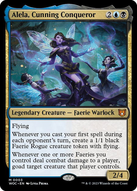 Alela, Cunning Conqueror trading card from Commander: Wilds of Eldraine Alela, Cunning Conqueror - Commander: Wilds of Eldraine Magic: The Gathering trading card