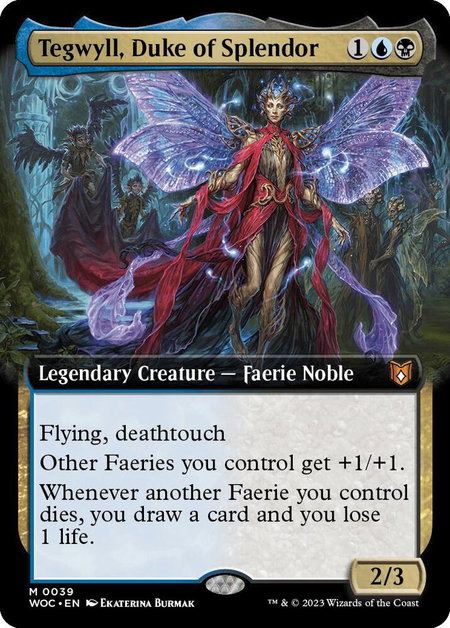Tegwyll, Duke of Splendor (Extended Art) trading card from Commander: Wilds of Eldraine Tegwyll, Duke of Splendor (Extended Art) - Commander: Wilds of Eldraine Magic: The Gathering trading card