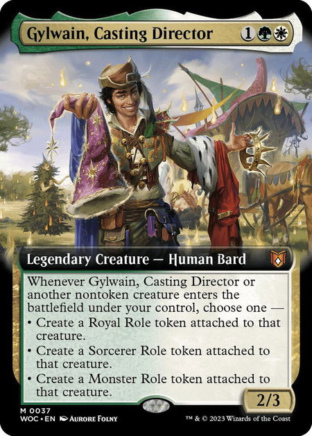 Gylwain, Casting Director (Extended Art) trading card from Commander: Wilds of Eldraine Gylwain, Casting Director (Extended Art) - Commander: Wilds of Eldraine Magic: The Gathering trading card