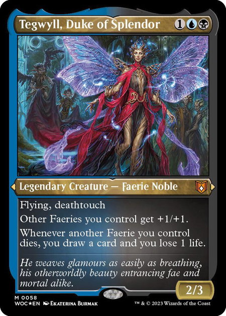 Tegwyll, Duke of Splendor (Display Commander) - Thick Stock trading card from Commander: Wilds of Eldraine Tegwyll, Duke of Splendor (Display Commander) - Thick Stock - Commander: Wilds of Eldraine Magic: The Gathering trading card