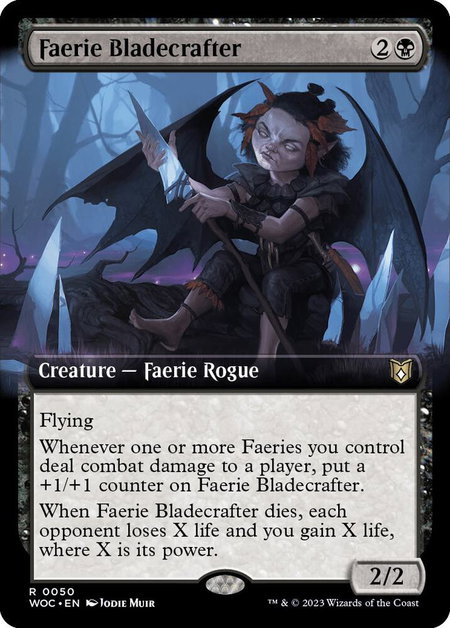 Faerie Bladecrafter (Extended Art) trading card from Commander: Wilds of Eldraine Faerie Bladecrafter (Extended Art) - Commander: Wilds of Eldraine Magic: The Gathering trading card