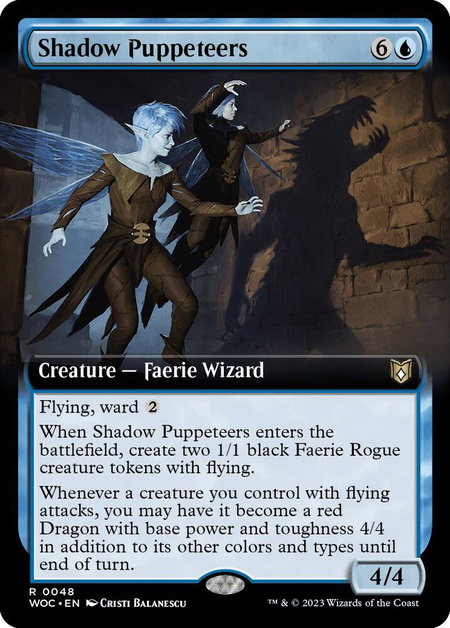 Shadow Puppeteers (Extended Art) trading card from Commander: Wilds of Eldraine Shadow Puppeteers (Extended Art) - Commander: Wilds of Eldraine Magic: The Gathering trading card