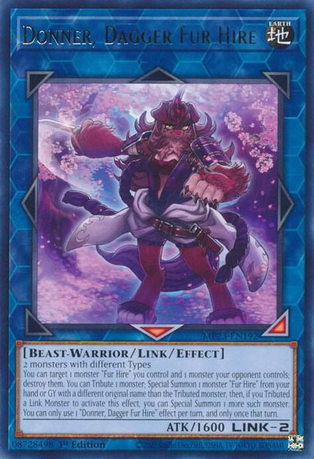 Donner, Dagger Fur Hire trading card from 25th Anniversary Tin: Dueling Heroes Mega Pack Donner, Dagger Fur Hire - 25th Anniversary Tin: Dueling Heroes Mega Pack YuGiOh trading card