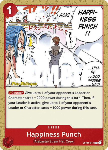 Happiness Punch trading card from Kingdoms of Intrigue Pre-Release Cards Happiness Punch - Kingdoms of Intrigue Pre-Release Cards One Piece trading card