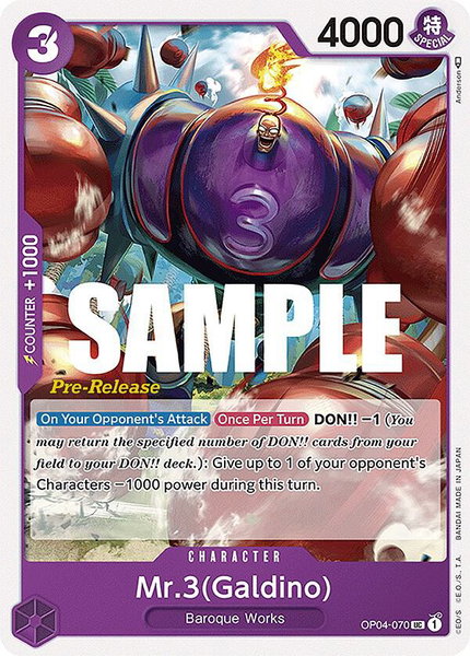 Mr.3 (Galdino) trading card from Kingdoms of Intrigue Pre-Release Cards Mr.3 (Galdino) - Kingdoms of Intrigue Pre-Release Cards One Piece trading card