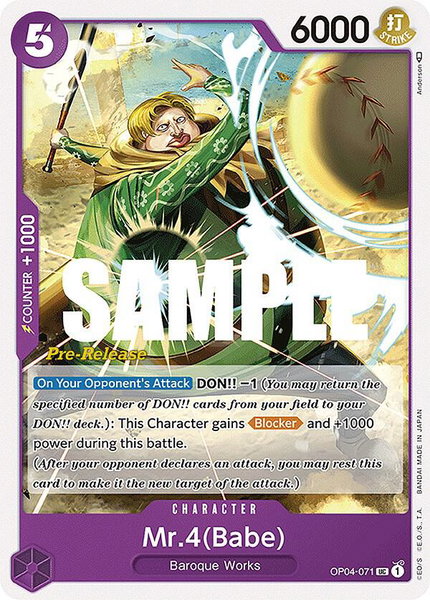 Mr.4 (Babe) trading card from Kingdoms of Intrigue Pre-Release Cards Mr.4 (Babe) - Kingdoms of Intrigue Pre-Release Cards One Piece trading card
