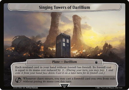 Singing Towers of Darillium trading card from Planechase: Universes Beyond: Doctor Who Singing Towers of Darillium - Planechase: Universes Beyond: Doctor Who Magic: The Gathering trading card