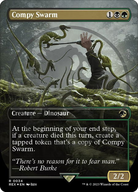 Compy Swarm (Borderless) (Emblem) - Universes Beyond: Jurassic World Collection Magic: The Gathering trading card
