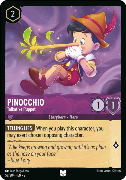 Pinocchio - Talkative Puppet trading card from Rise of the Floodborn Pinocchio - Talkative Puppet - Rise of the Floodborn Disney Lorcana trading card
