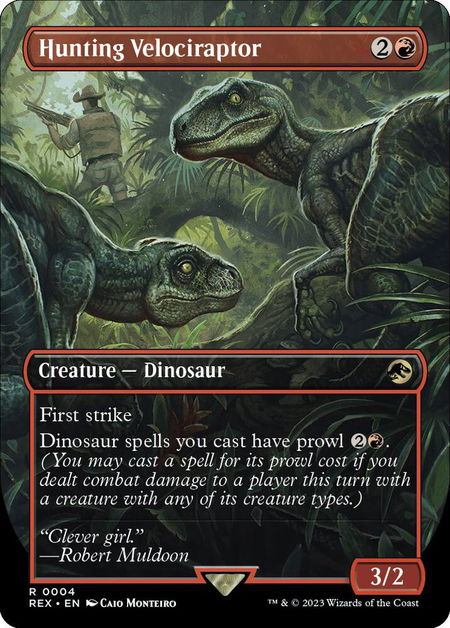 Hunting Velociraptor (Borderless) trading card from Universes Beyond: Jurassic World Collection Hunting Velociraptor (Borderless) - Universes Beyond: Jurassic World Collection Magic: The Gathering trading card