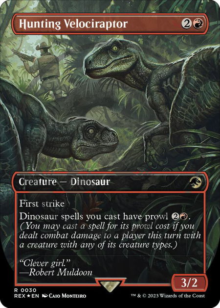 Hunting Velociraptor (Borderless) (Emblem) - Universes Beyond: Jurassic World Collection Magic: The Gathering trading card