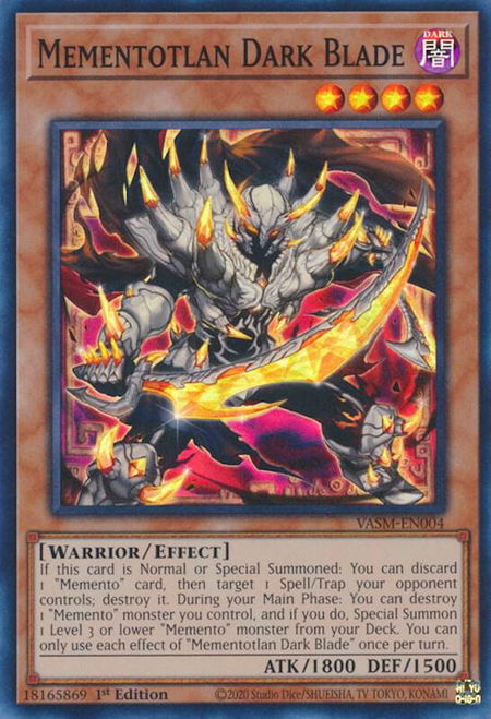 Mementotlan Dark Blade trading card from Valiant Smashers Mementotlan Dark Blade - Valiant Smashers YuGiOh trading card