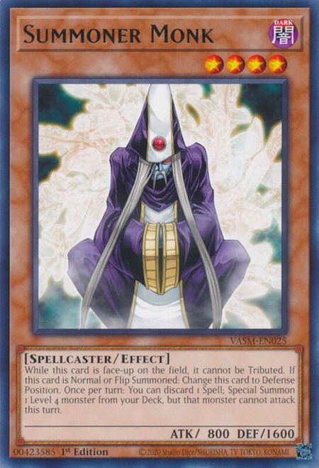 Summoner Monk trading card from Valiant Smashers Summoner Monk - Valiant Smashers YuGiOh trading card
