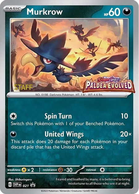 Murkrow - 021 (Prerelease) [Staff] - SV: Scarlet & Violet Promo Cards Pokémon trading card