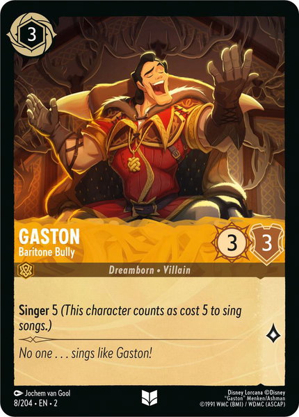 Gaston - Baritone Bully trading card from Rise of the Floodborn Gaston - Baritone Bully - Rise of the Floodborn Disney Lorcana trading card