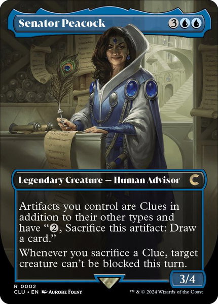 Senator Peacock (Borderless) trading card from Ravnica: Clue Edition Senator Peacock (Borderless) - Ravnica: Clue Edition Magic: The Gathering trading card