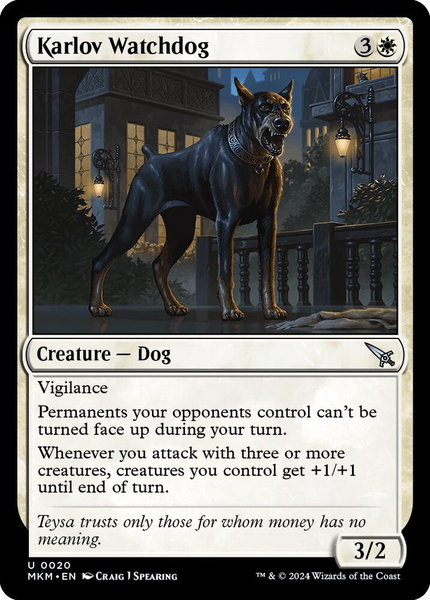Karlov Watchdog trading card from Murders at Karlov Manor Karlov Watchdog - Murders at Karlov Manor Magic: The Gathering trading card