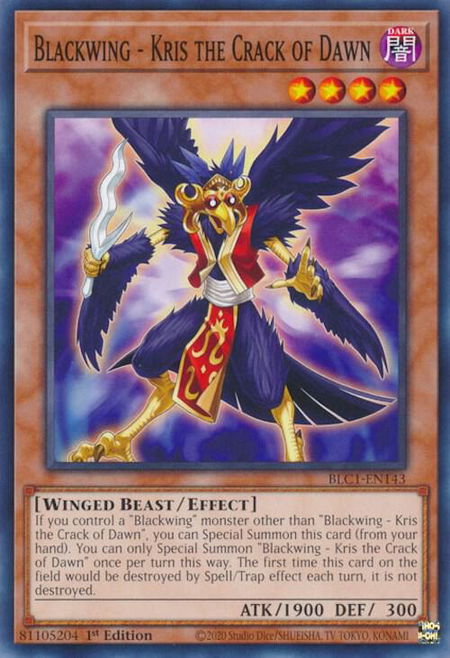 Blackwing - Kris the Crack of Dawn trading card from Battles of Legend: Chapter 1 Blackwing - Kris the Crack of Dawn - Battles of Legend: Chapter 1 YuGiOh trading card