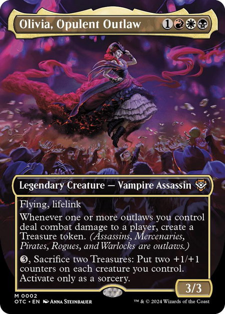 Olivia, Opulent Outlaw (Borderless) trading card from Commander: Outlaws of Thunder Junction Olivia, Opulent Outlaw (Borderless) - Commander: Outlaws of Thunder Junction Magic: The Gathering trading card