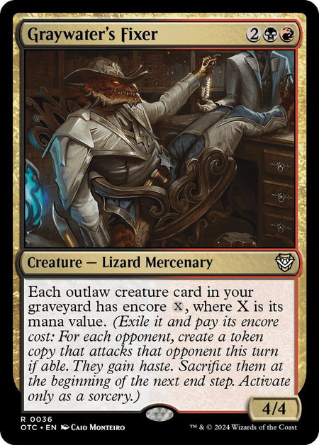 Graywater's Fixer trading card from Commander: Outlaws of Thunder Junction Graywater's Fixer - Commander: Outlaws of Thunder Junction Magic: The Gathering trading card